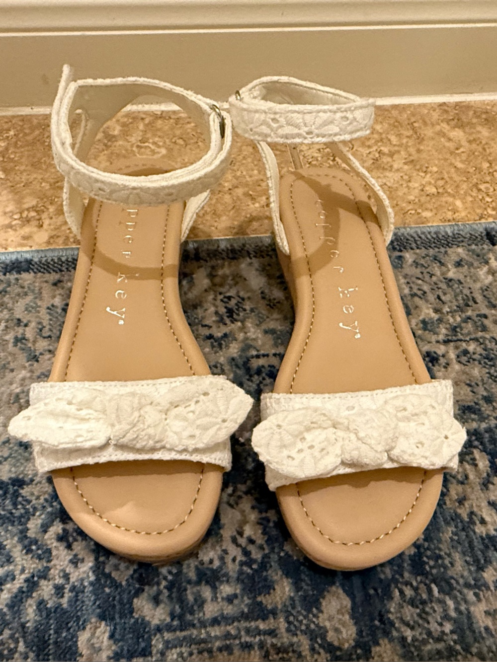 Copper Key Girls White Lace Wedge Sandals
